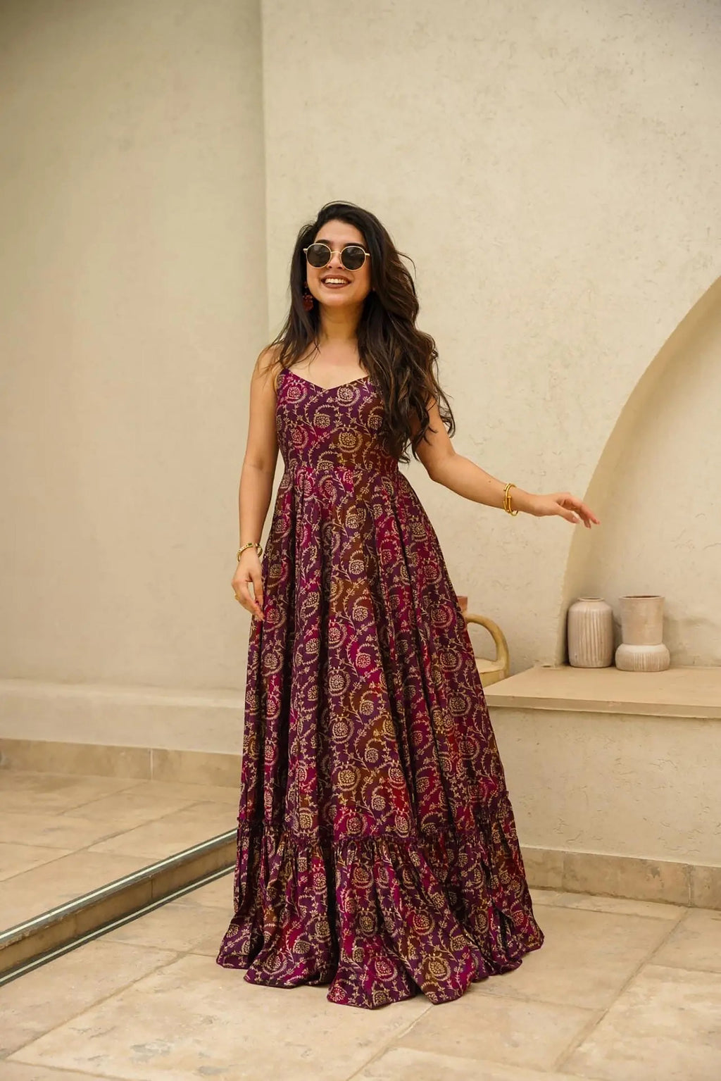 Sonakshi Women's Purple Rayon Digital Print Full Round Flair Anarkali Gown Set - Distacart