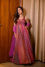 Sonakshi Women's Purple Airtex Chinon Digital Print Full Round Flair Anarkali Gown Set With Dupatta - Distacart