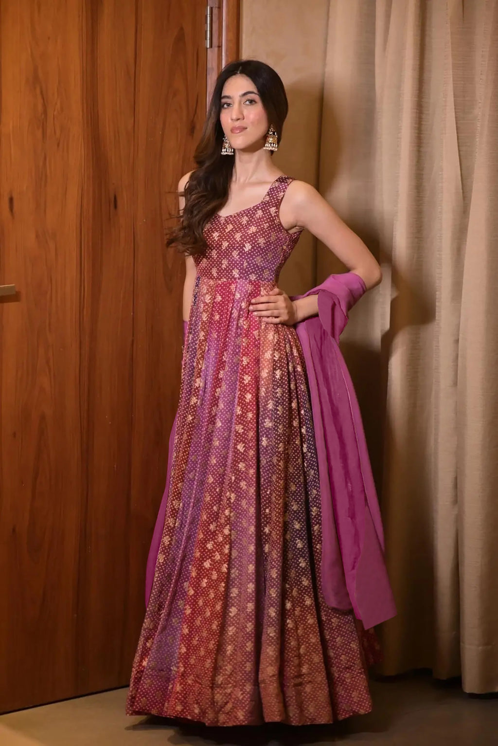 Sonakshi Women's Purple Airtex Chinon Digital Print Full Round Flair Anarkali Gown Set With Dupatta - Distacart