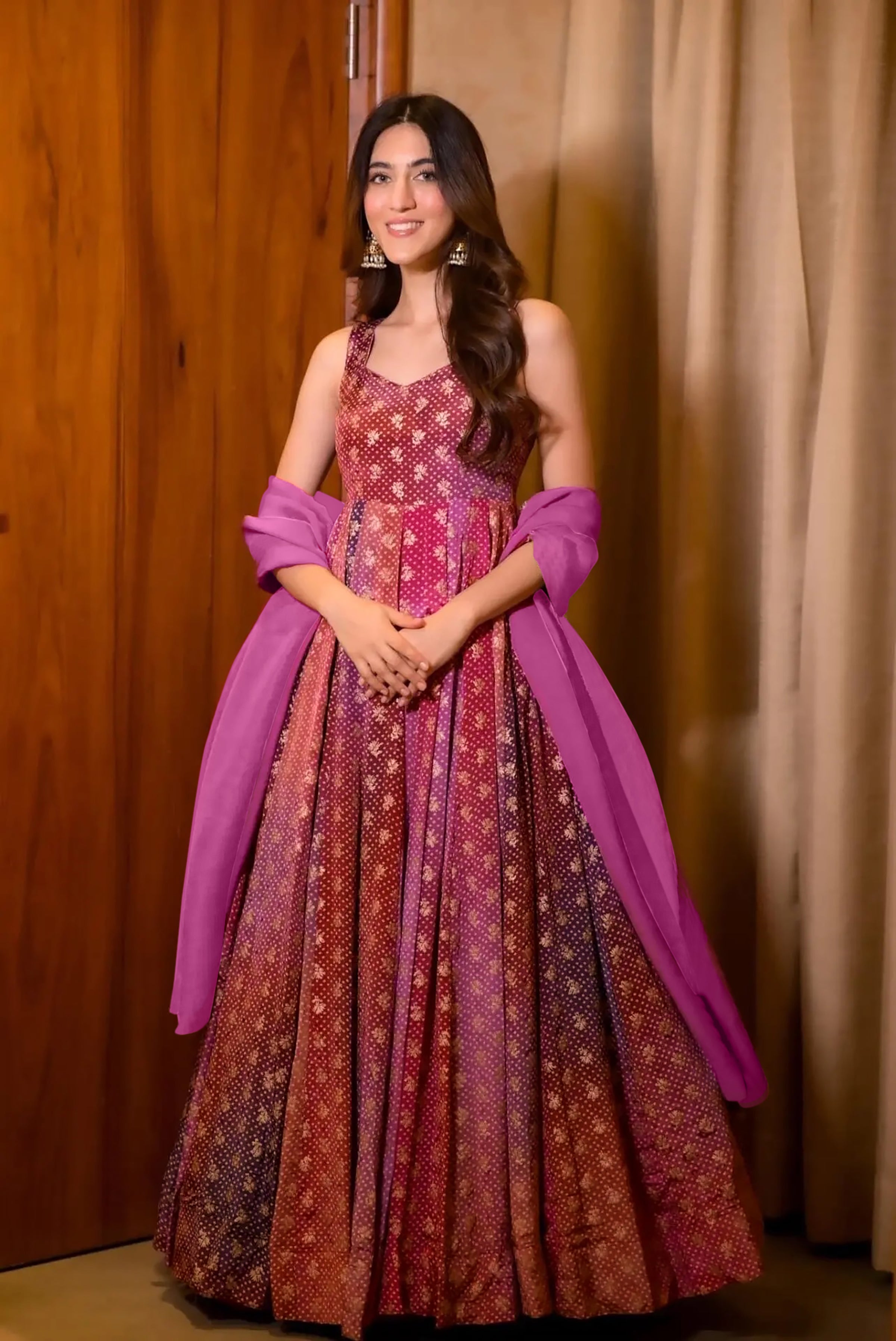 Sonakshi Women's Purple Airtex Chinon Digital Print Full Round Flair Anarkali Gown Set With Dupatta - Distacart