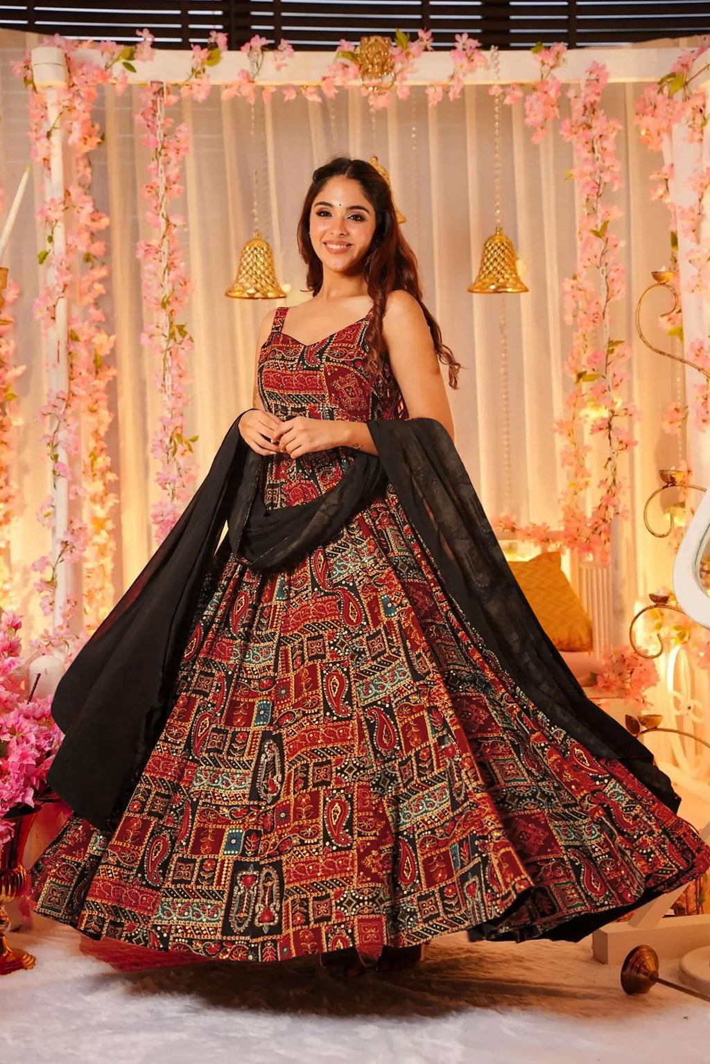Sonakshi Women's Red Rayon Digital Print Full Round Flair Anarkali Gown Set With Dupatta - Distacart