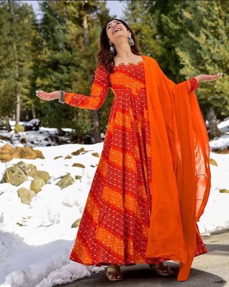 Sonakshi Women's Fenta Rayon Digital Print Full Round Flair Anarkali Gown Set With Dupatta