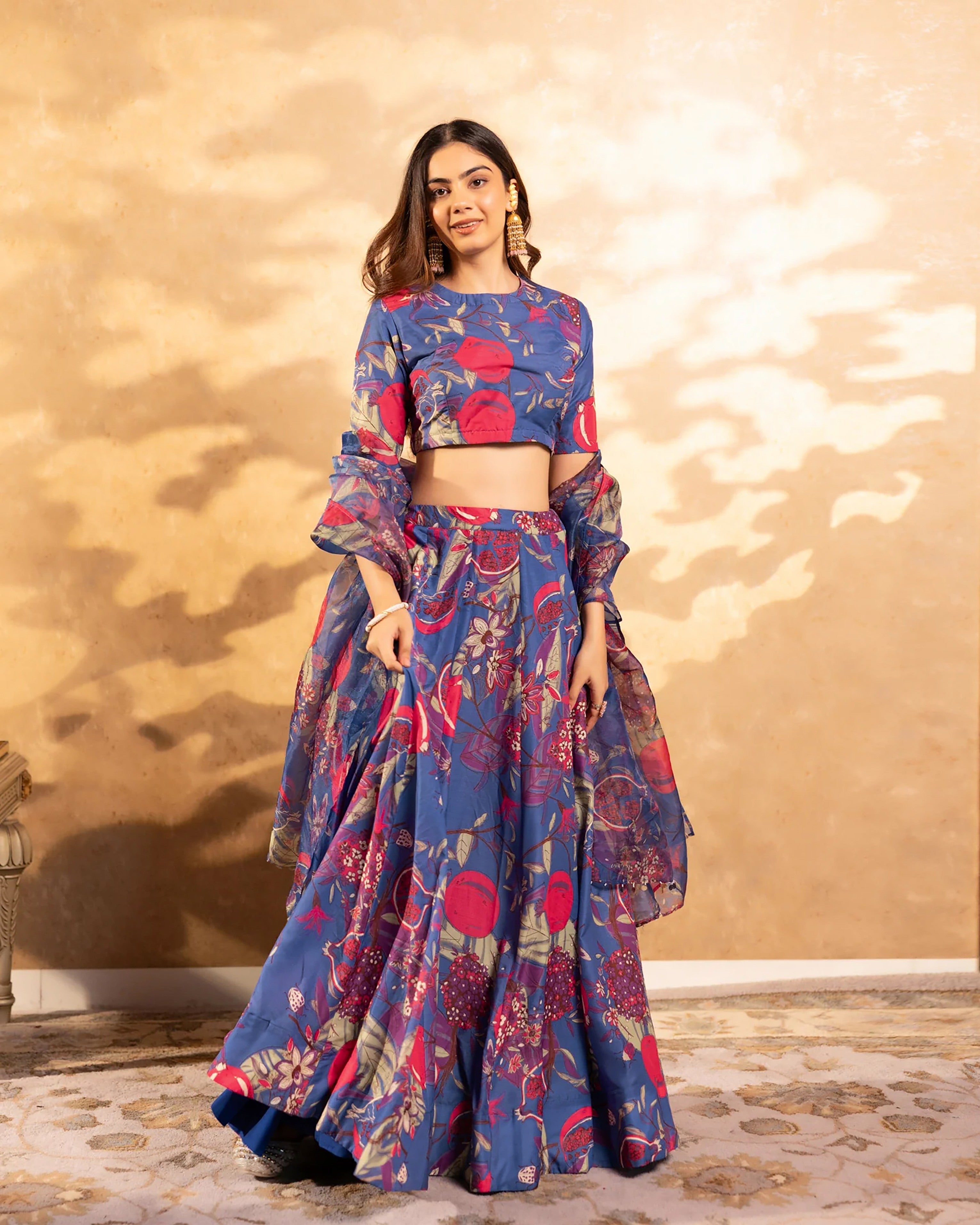 Sonakshi Women's Blue Air Tex Chinon Digital Printed Lehenga Choli With Dupatta - Distacart