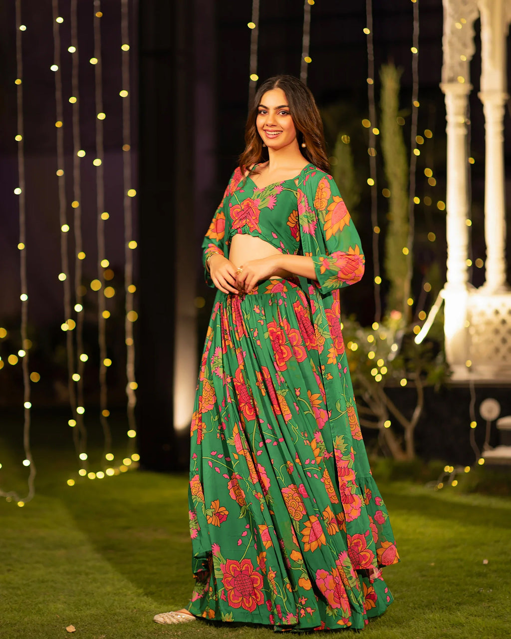 Sonakshi Women's Green Air Tex Chinon Digital Printed Lehenga Choli With Shrug - Distacart