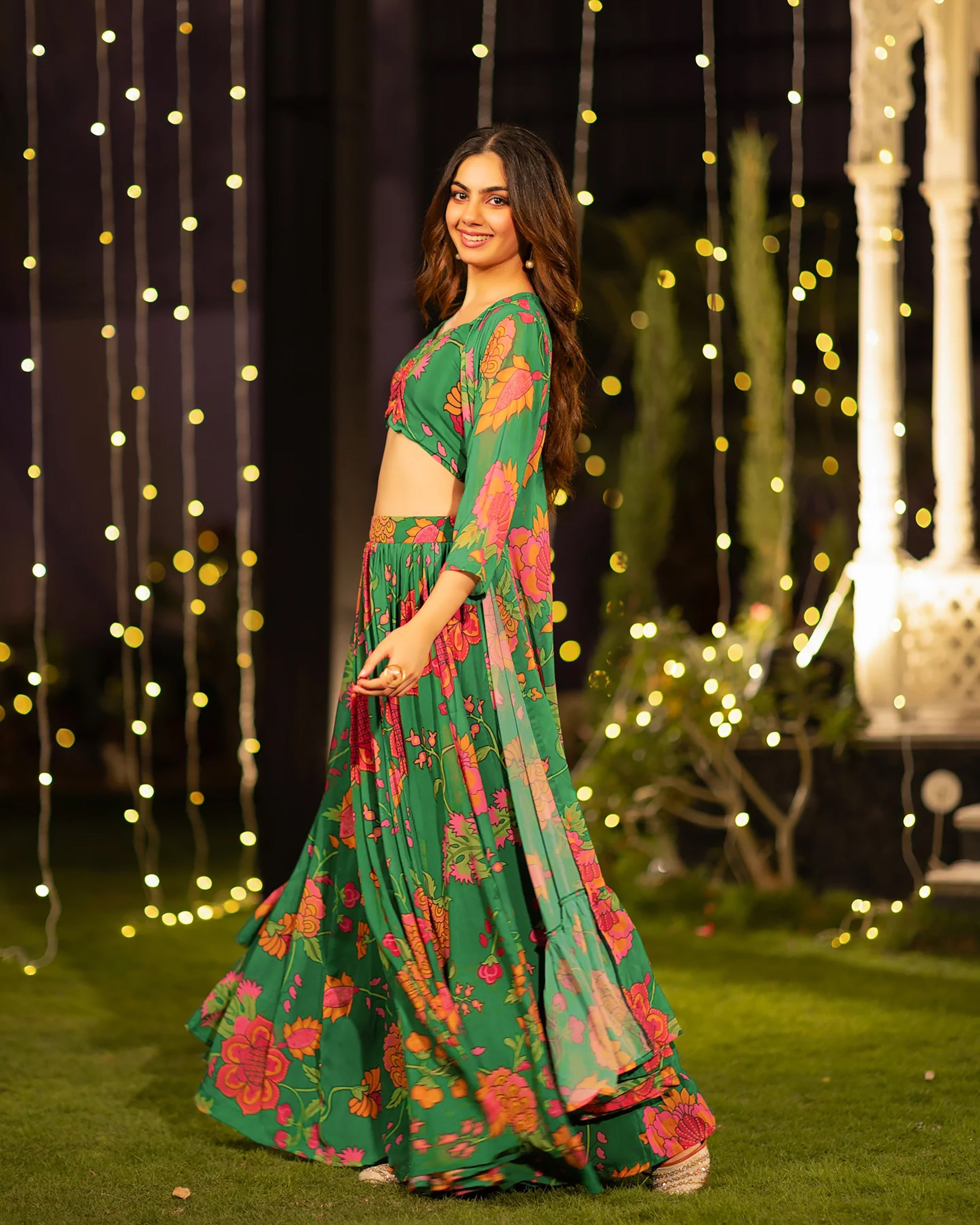 Sonakshi Women's Green Air Tex Chinon Digital Printed Lehenga Choli With Shrug - Distacart