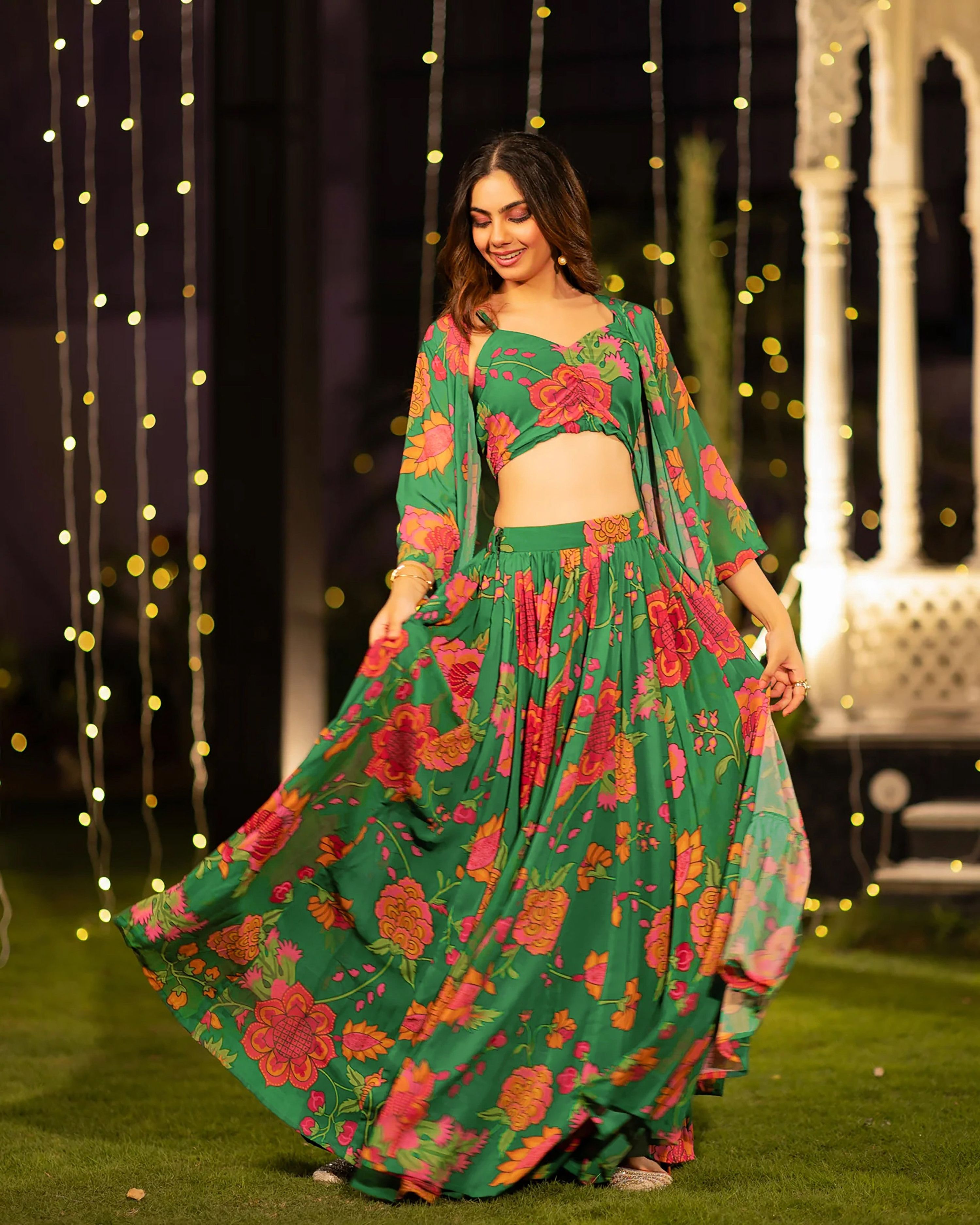 Sonakshi Women's Green Air Tex Chinon Digital Printed Lehenga Choli With Shrug - Distacart