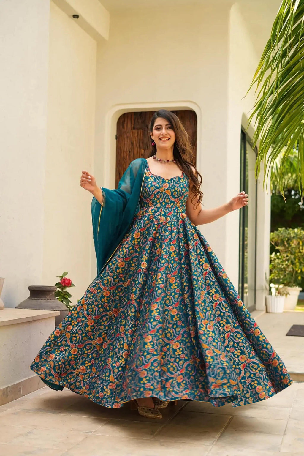 Sonakshi Women's Rama Silk Digital Print Full Round Flair Anarkali Gown Set With Dupatta - Distacart