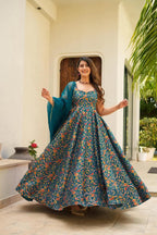 Sonakshi Women's Rama Silk Digital Print Full Round Flair Anarkali Gown Set With Dupatta - Distacart