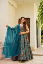 Sonakshi Women's Rama Silk Digital Print Full Round Flair Anarkali Gown Set With Dupatta - Distacart