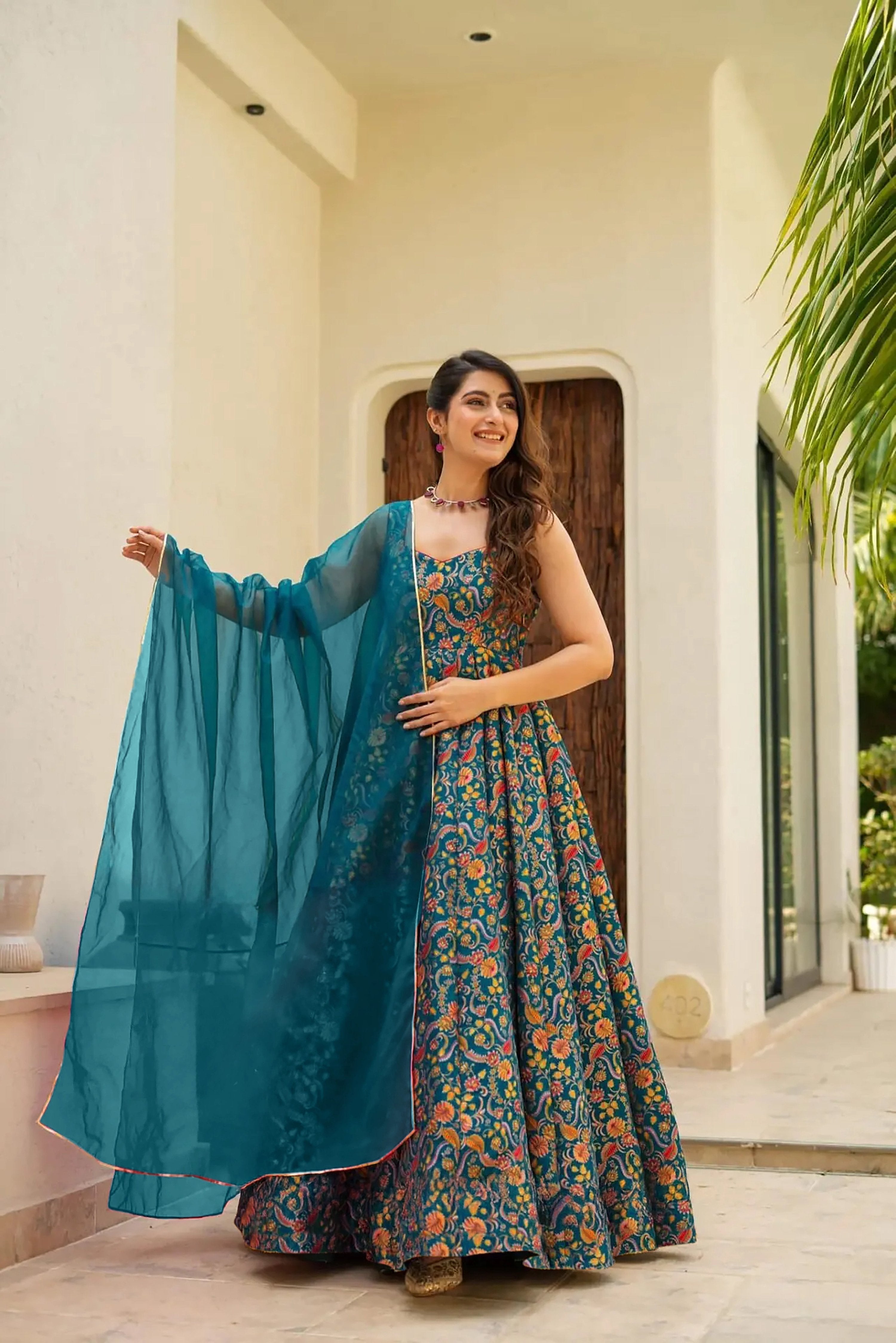 Sonakshi Women's Rama Silk Digital Print Full Round Flair Anarkali Gown Set With Dupatta - Distacart