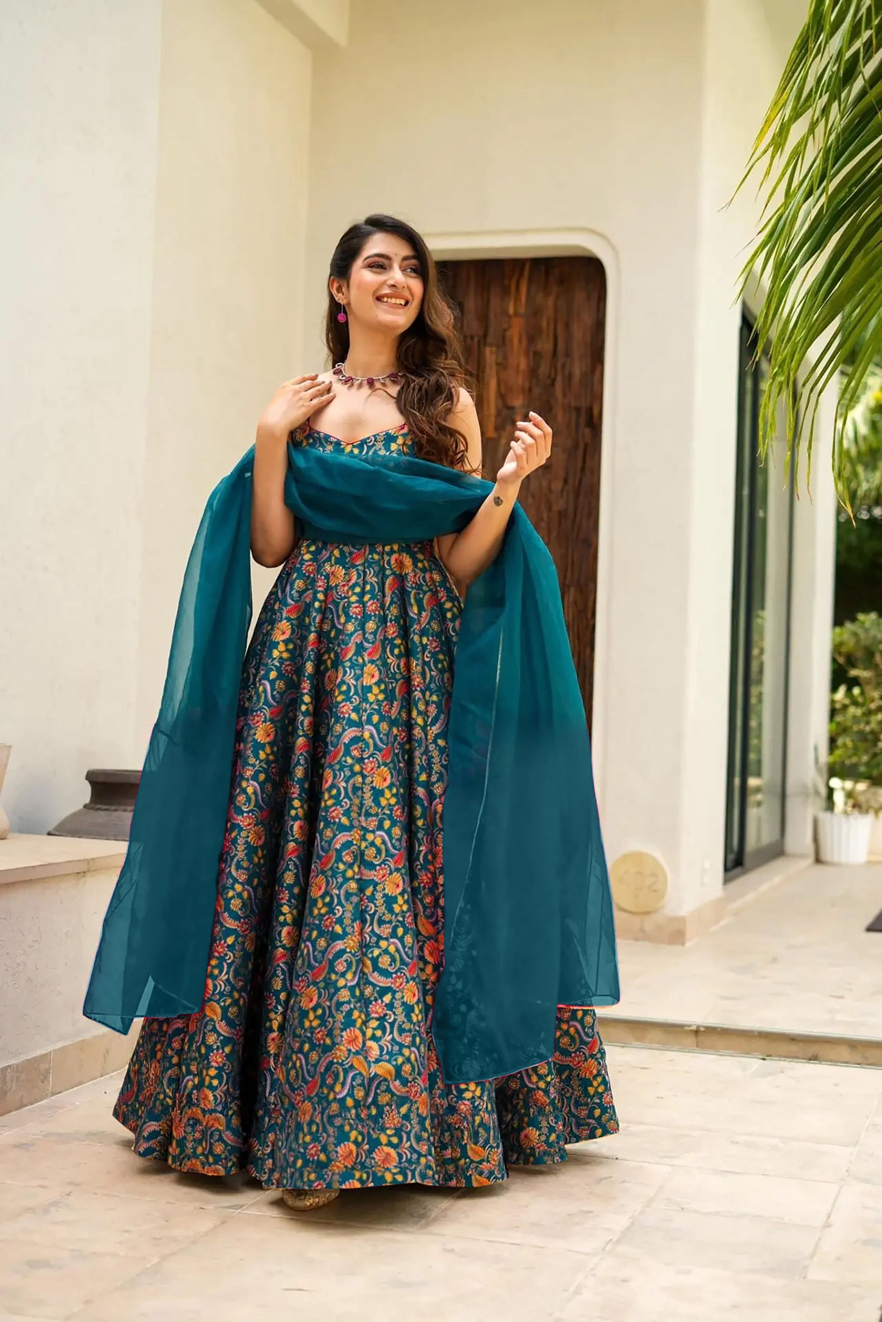 Sonakshi Women's Rama Silk Digital Print Full Round Flair Anarkali Gown Set With Dupatta - Distacart