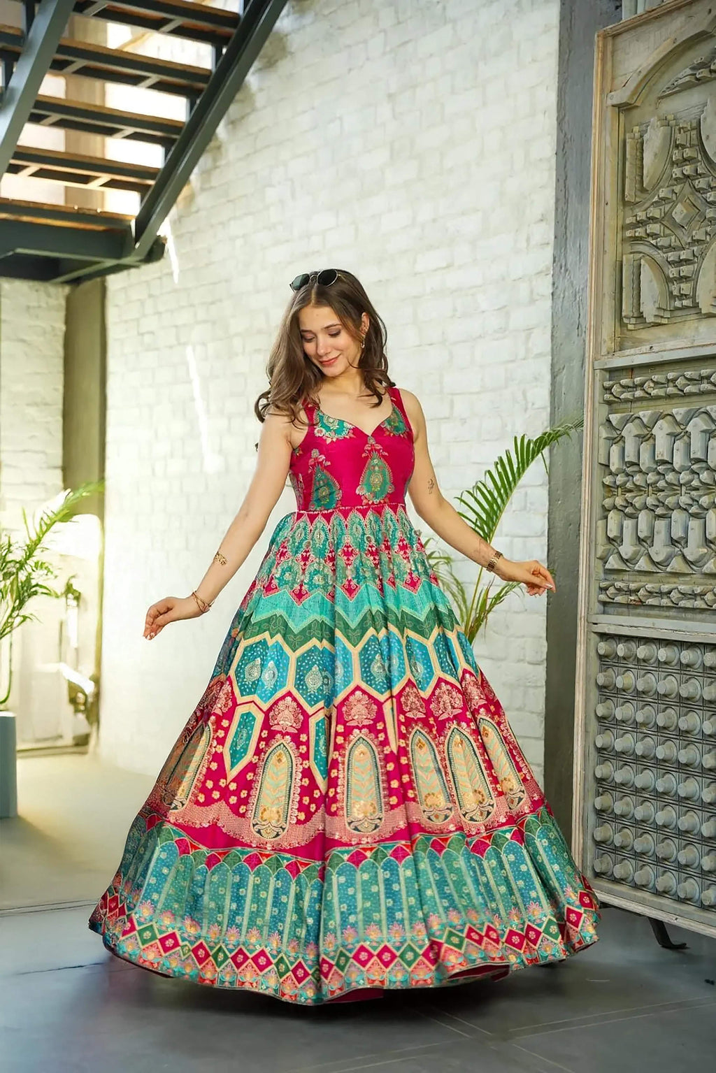 Sonakshi Women's Rani Silk Digital Print Full Round Flair Anarkali Gown Set With Dupatta - Distacart