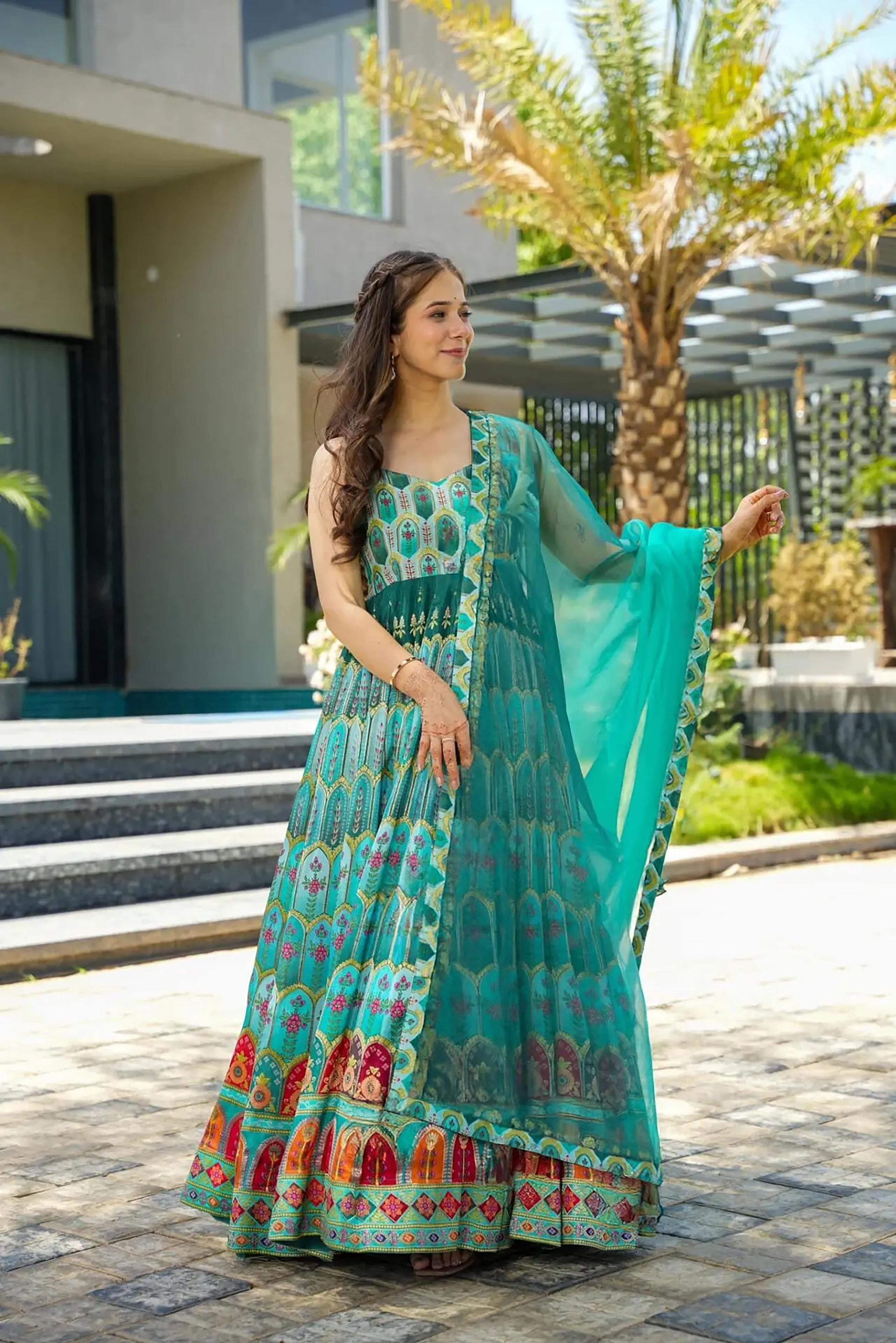 Sonakshi Women's Seagreen Silk Digital Print Full Round Flair Anarkali Gown Set With Dupatta - Distacart