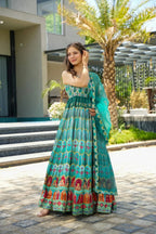 Sonakshi Women's Seagreen Silk Digital Print Full Round Flair Anarkali Gown Set With Dupatta - Distacart