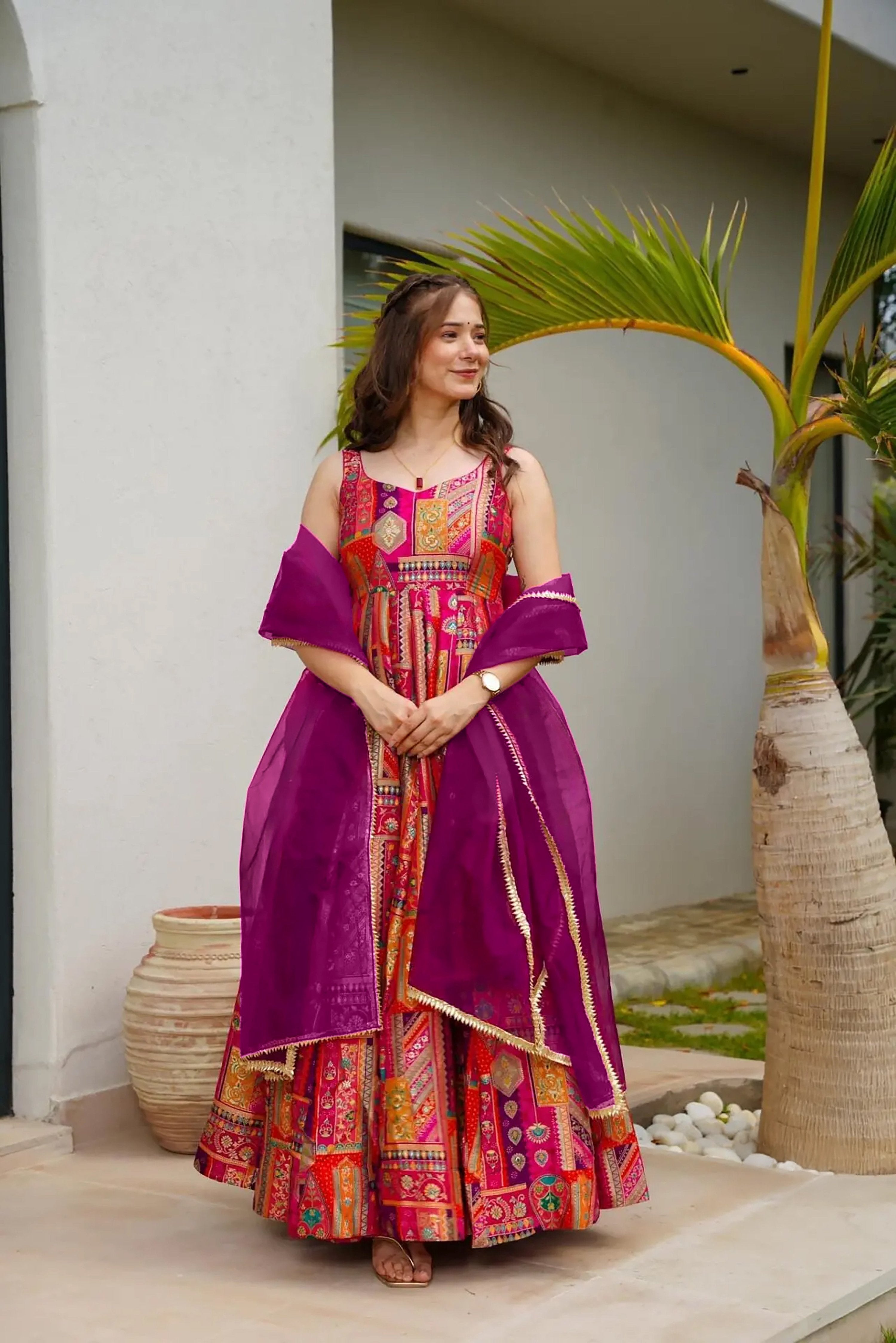 Sonakshi Women's Multicolor Silk Digital Print Full Round Flair Anarkali Gown Set With Dupatta - Distacart