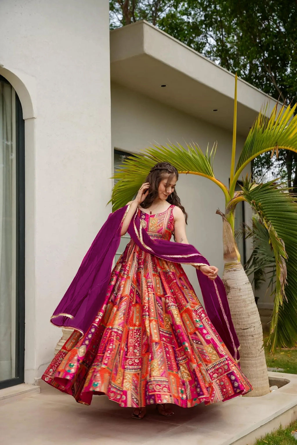 Sonakshi Women's Multicolor Silk Digital Print Full Round Flair Anarkali Gown Set With Dupatta - Distacart