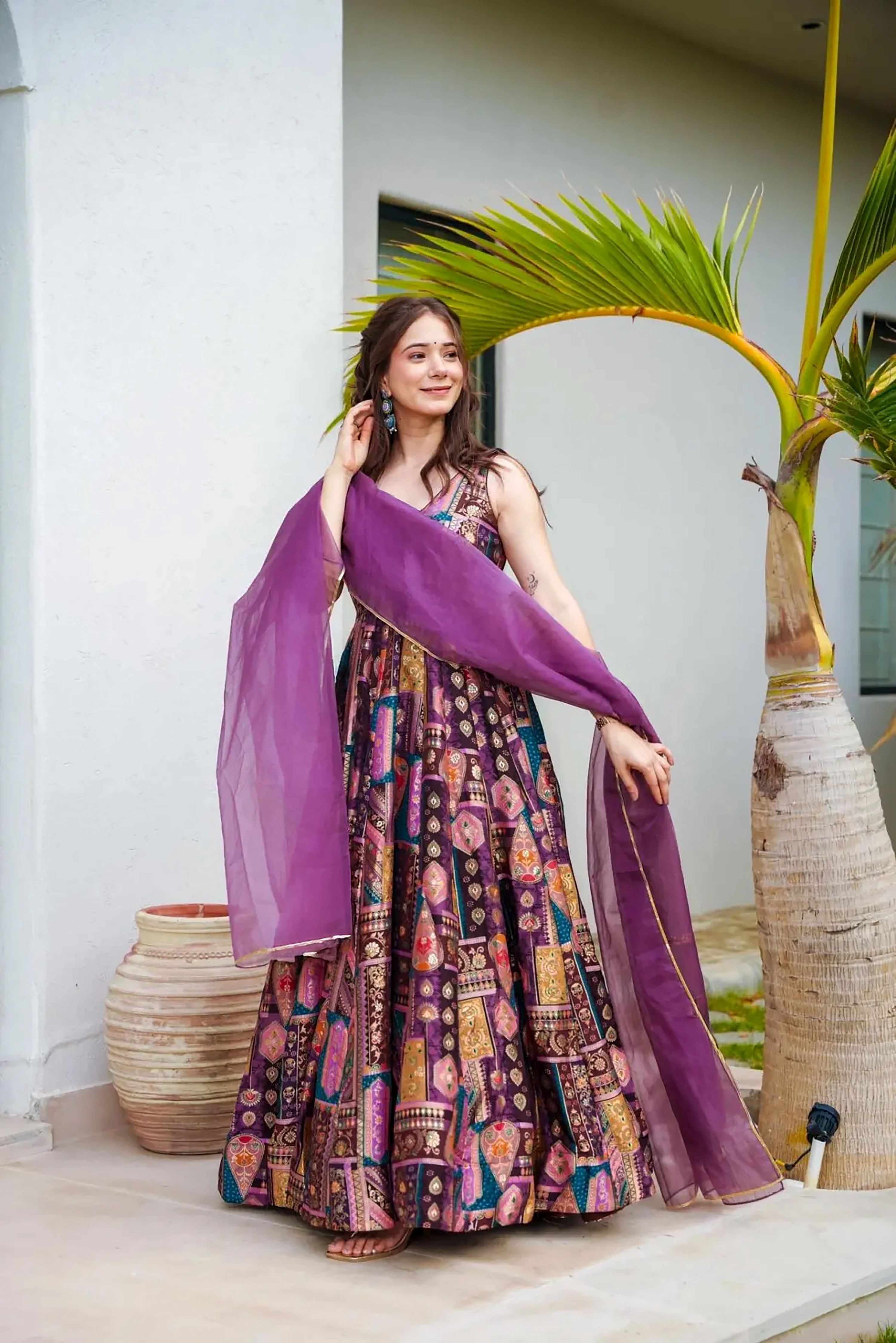 Sonakshi Women's Multicolor Silk Digital Print Full Round Flair Anarkali Gown Set With Dupatta - Distacart