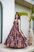 Sonakshi Women's Multicolor Silk Digital Print Full Round Flair Anarkali Gown Set With Dupatta - Distacart