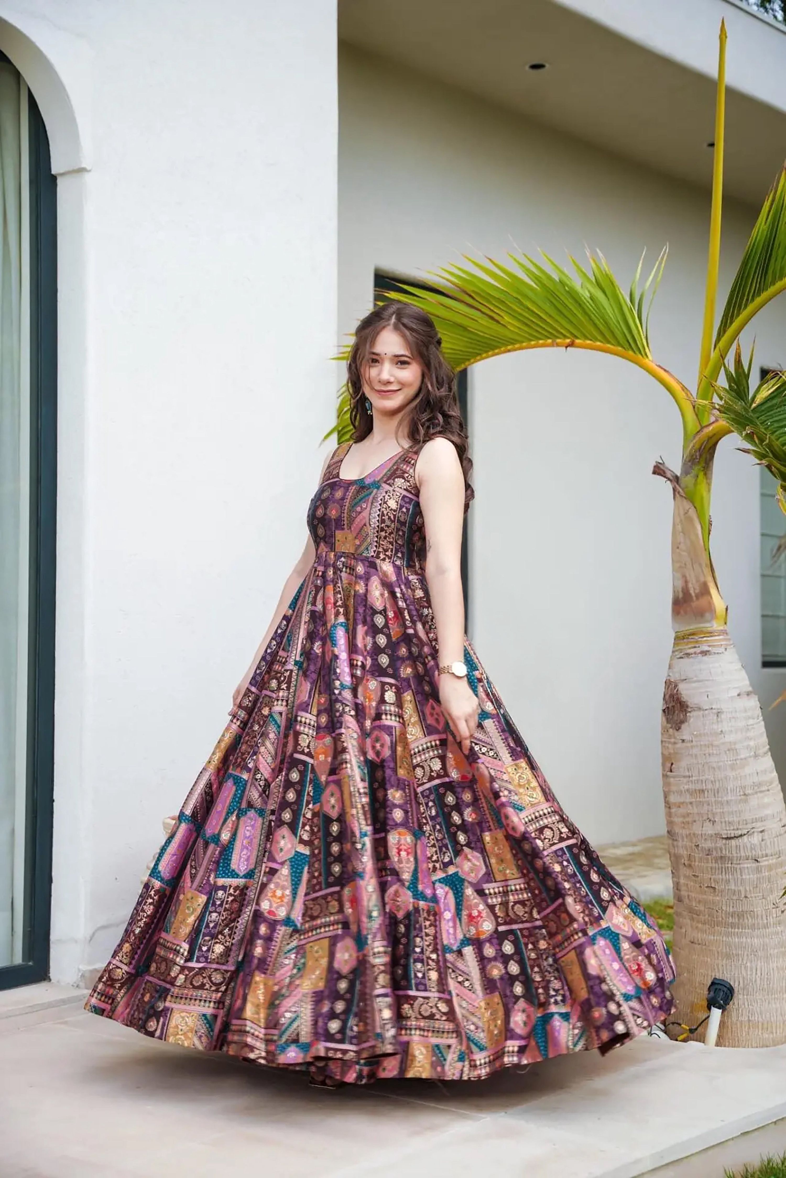 Sonakshi Women's Multicolor Silk Digital Print Full Round Flair Anarkali Gown Set With Dupatta - Distacart