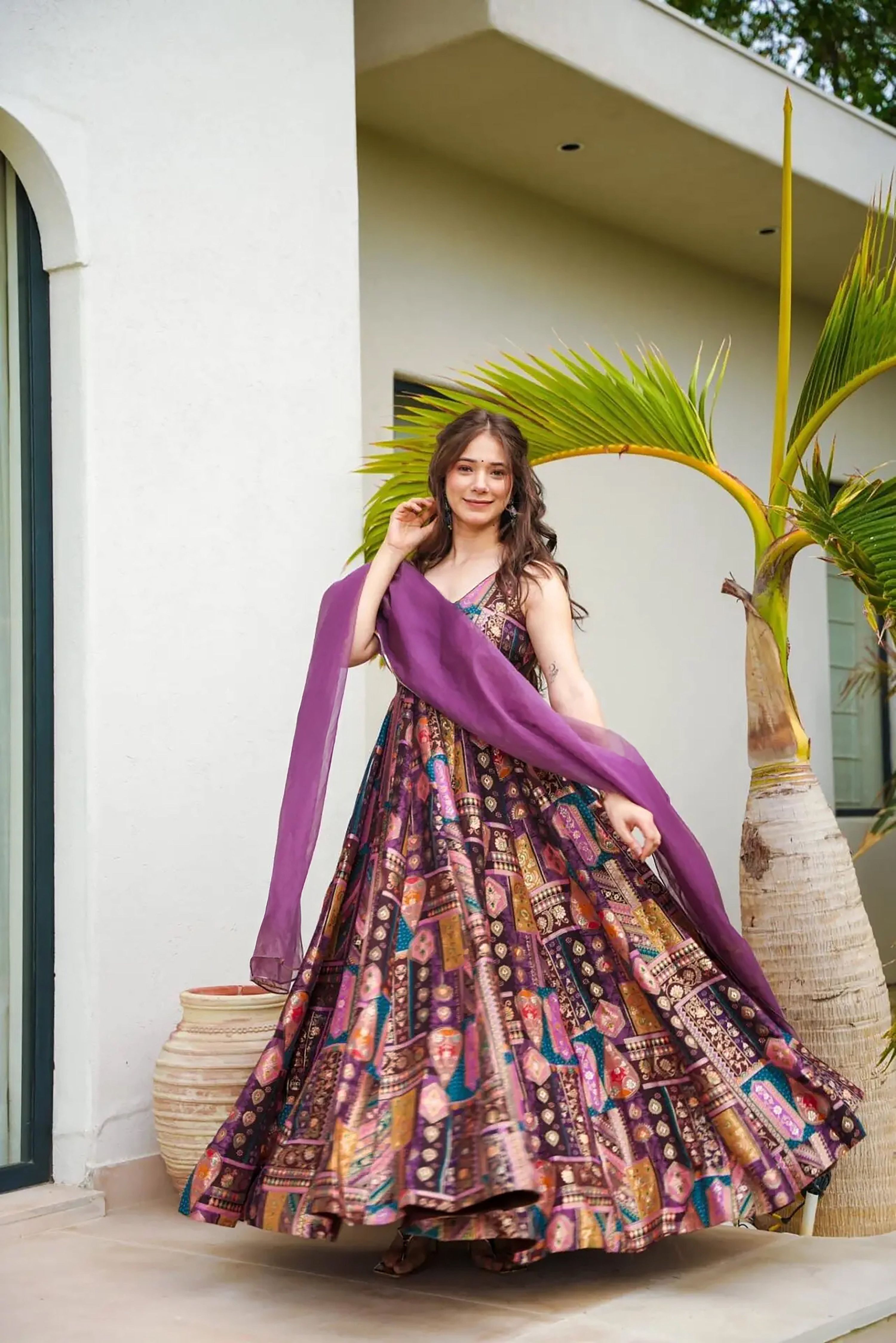 Sonakshi Women's Multicolor Silk Digital Print Full Round Flair Anarkali Gown Set With Dupatta - Distacart