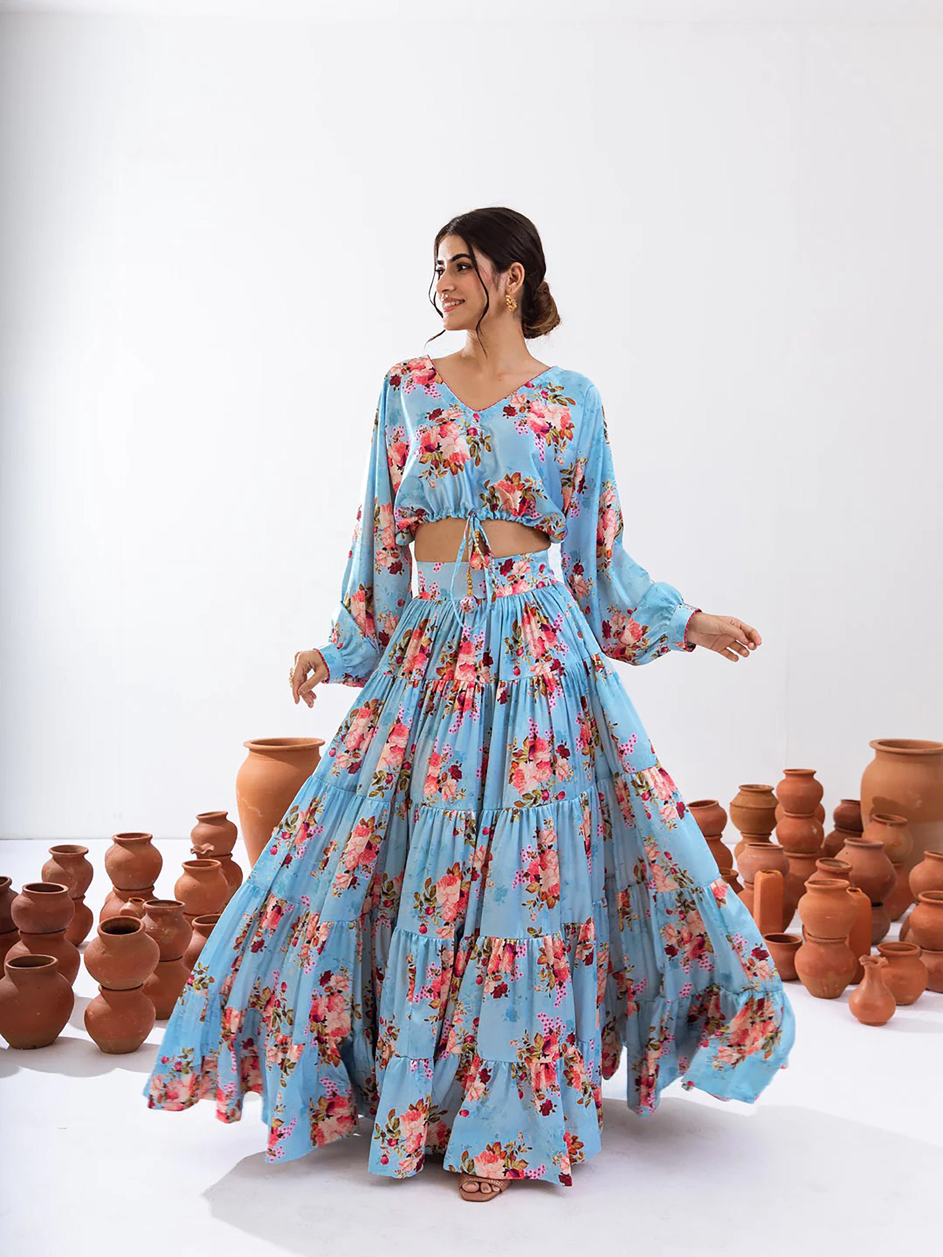 Sonakshi Women's Turquoise Blue Air Tex Chinon Digital Printed Lehenga Choli - Distacart