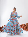 Sonakshi Women's Turquoise Blue Air Tex Chinon Digital Printed Lehenga Choli - Distacart