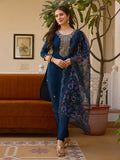 Sonakshi Women's Navy Blue Viscose Chanderi Embroidered Beads Kurta Set with Dupatta - Distacart