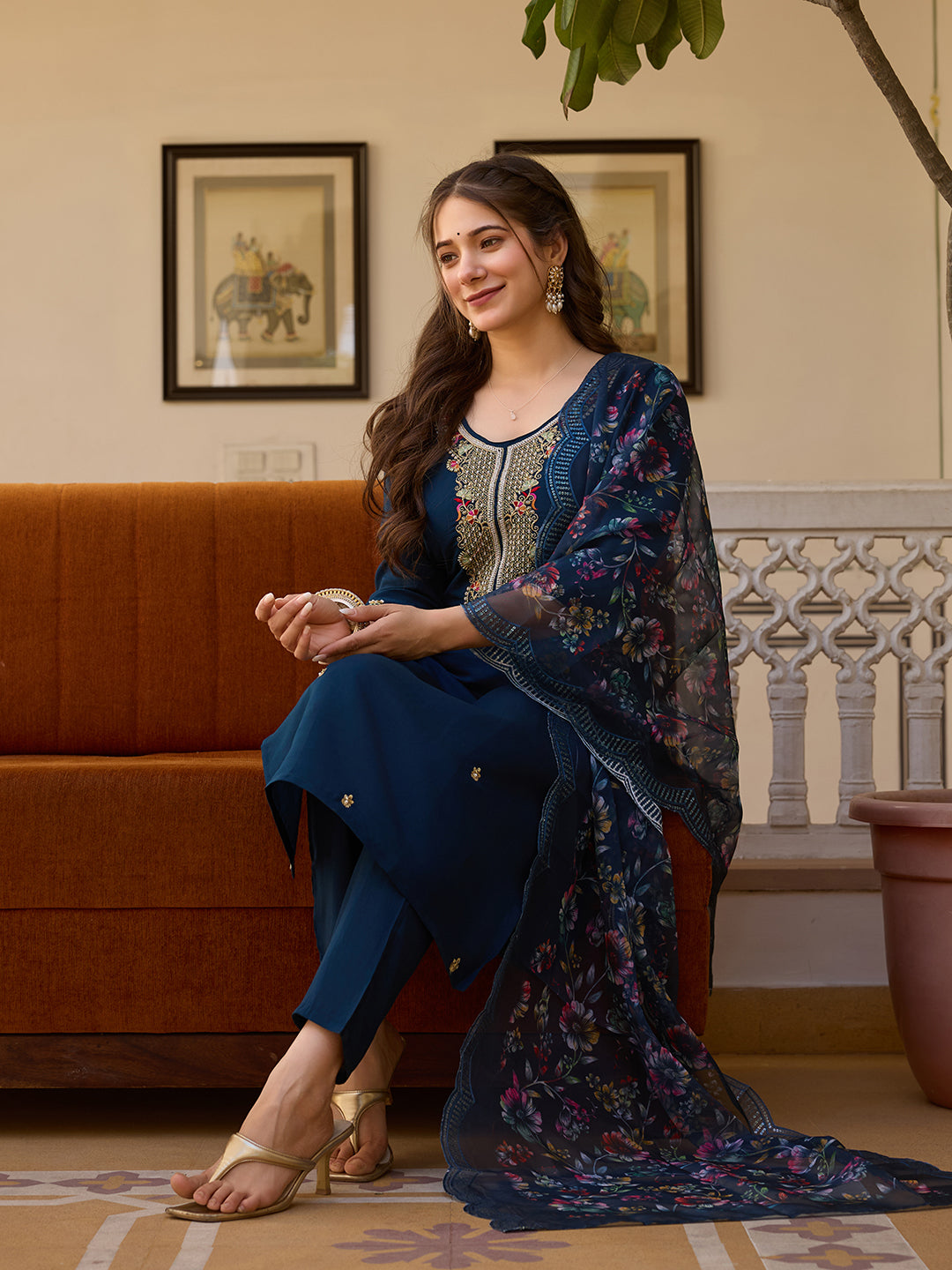 Sonakshi Women's Navy Blue Viscose Chanderi Embroidered Beads Kurta Set with Dupatta - Distacart