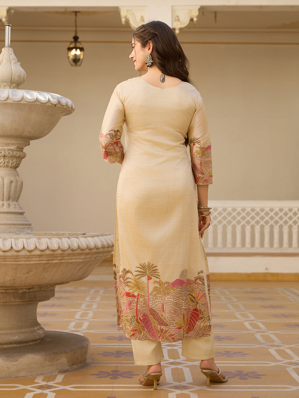 Sonakshi Women's Biscuit Viscose Assam Silk Embroidered Beads Kurta Set with Dupatta - Distacart