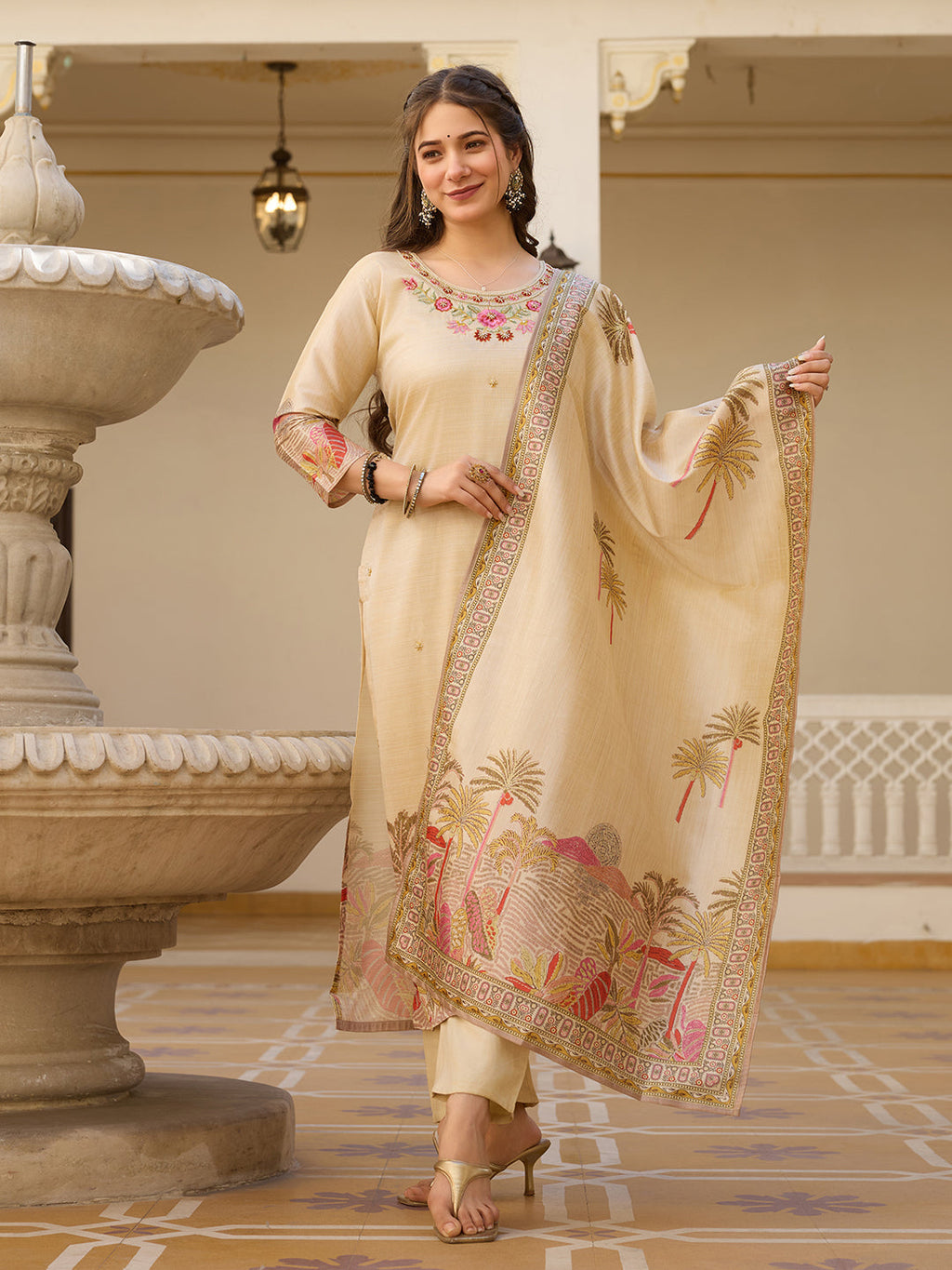 Sonakshi Women's Biscuit Viscose Assam Silk Embroidered Beads Kurta Set with Dupatta - Distacart