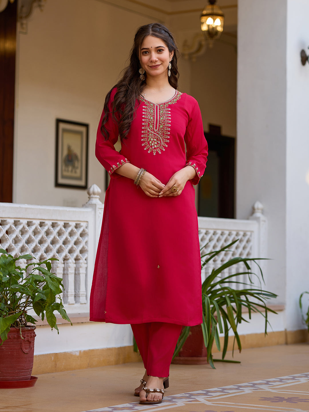 Sonakshi Women's Maharani Viscose Chanderi Embroidered Beads Kurta Set with Dupatta - Distacart