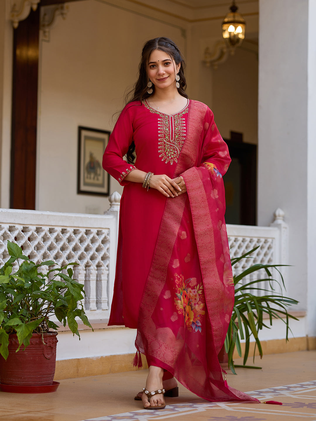 Sonakshi Women's Maharani Viscose Chanderi Embroidered Beads Kurta Set with Dupatta - Distacart