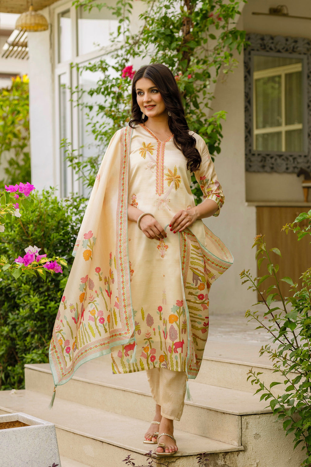 Sonakshi Women's Cream Viscose Assam Silk Embroidered Beads Kurta Set with Dupatta - Distacart