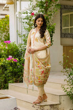Sonakshi Women's Cream Viscose Assam Silk Embroidered Beads Kurta Set with Dupatta - Distacart