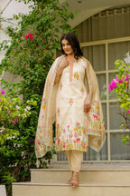 Sonakshi Women's Cream Viscose Assam Silk Embroidered Beads Kurta Set with Dupatta - Distacart
