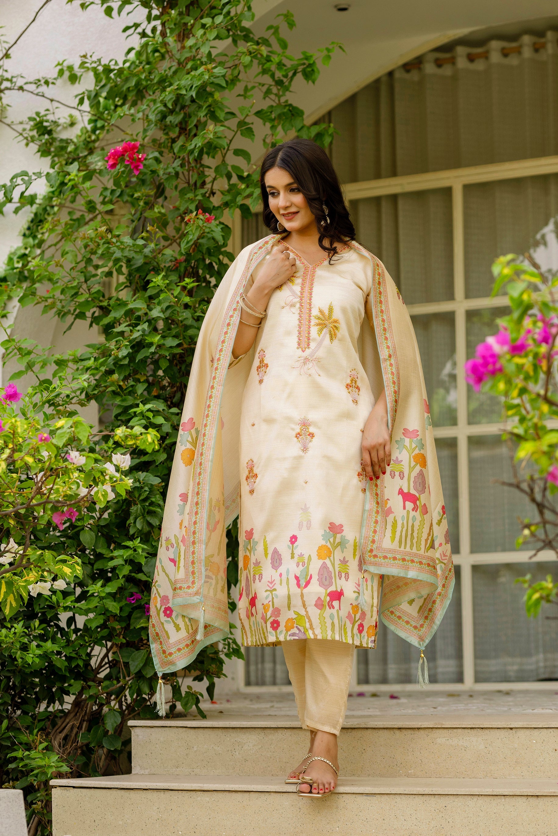 Sonakshi Women's Cream Viscose Assam Silk Embroidered Beads Kurta Set with Dupatta - Distacart