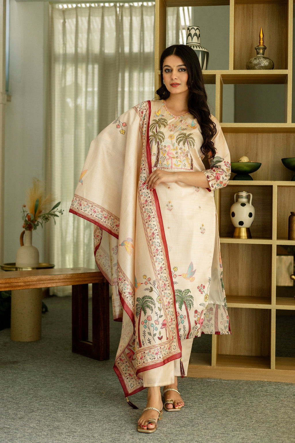 Sonakshi Women's Chandan Viscose Assam Silk Embroidered Beads Kurta Set with Dupatta - Distacart