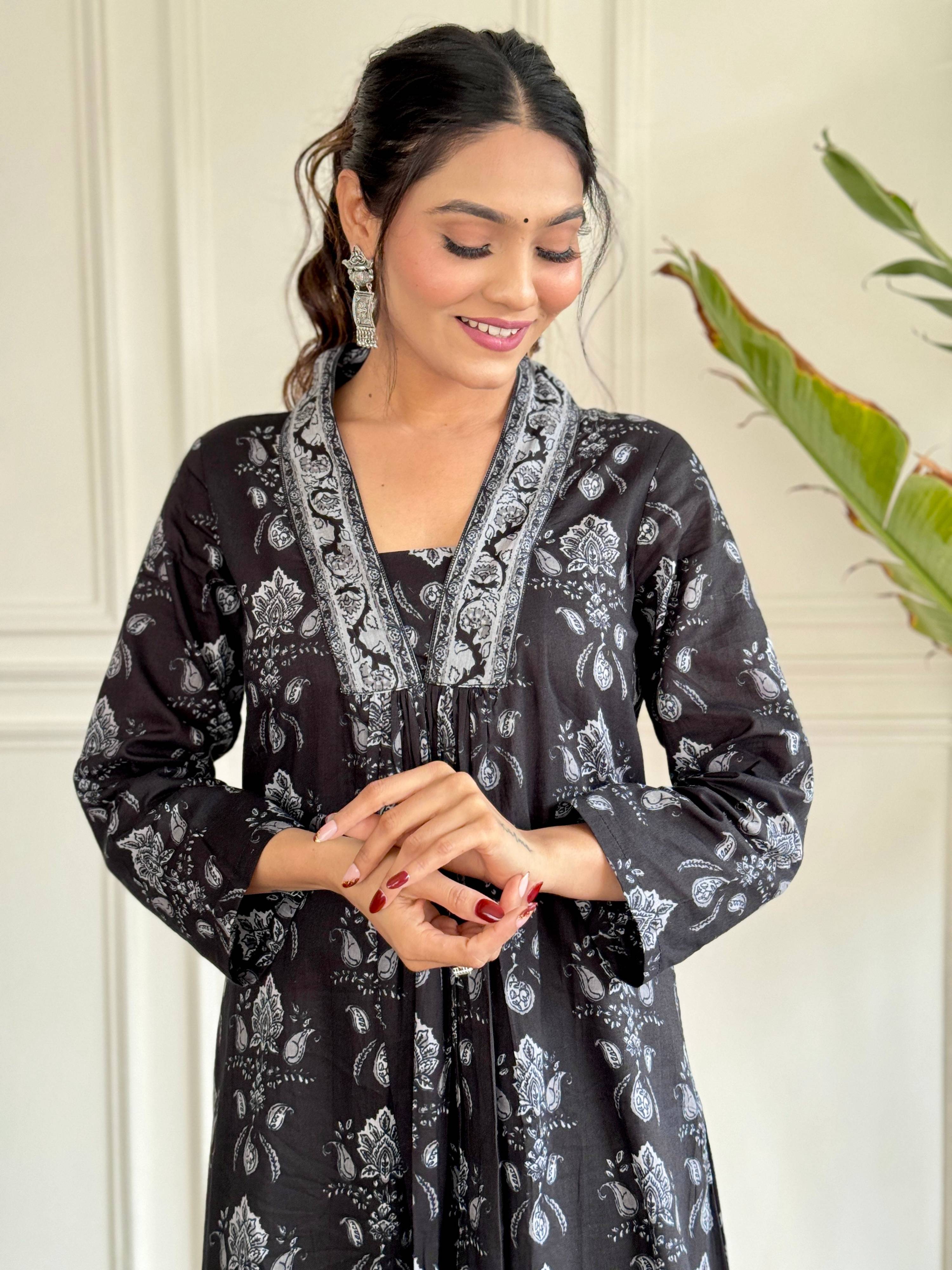Sonakshi Women's Black Pure Cotton Kurta Set With Dupatta - Distacart