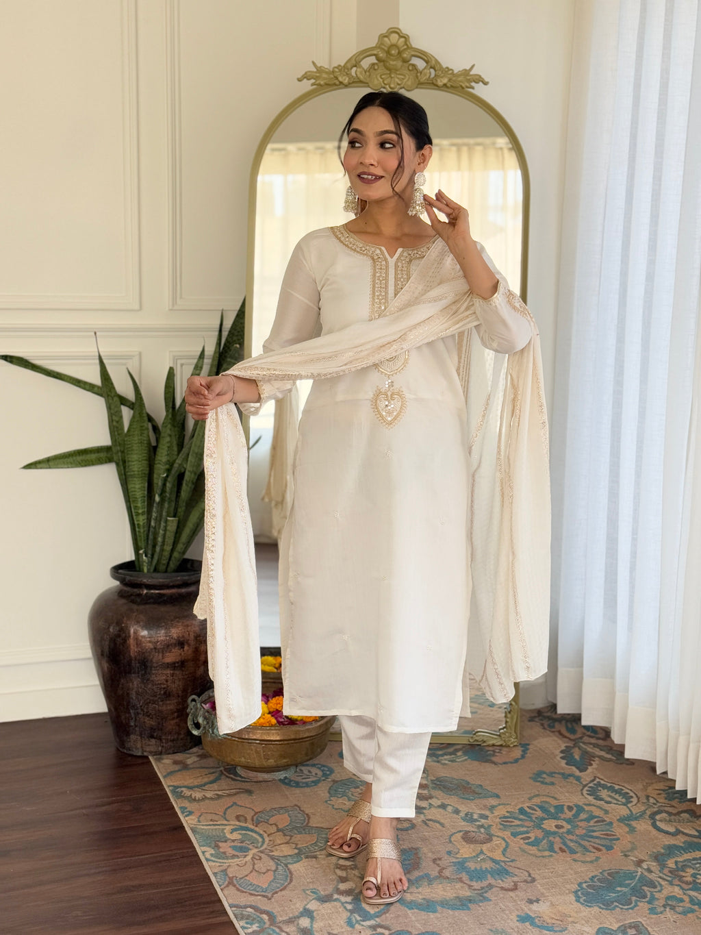 Sonakshi Women's Cream Viscose Chanderi Kurta Set with Dupatta - Distacart