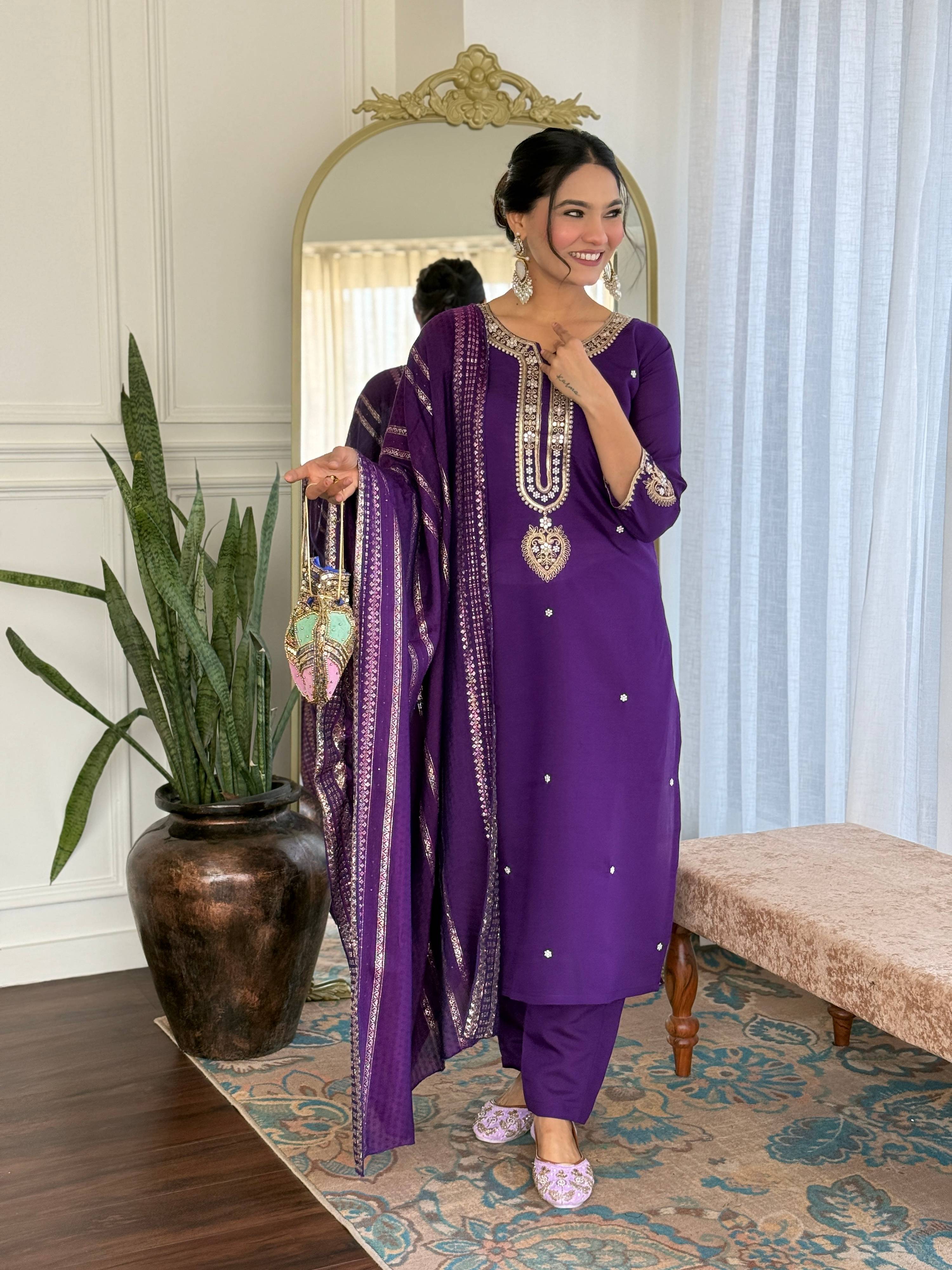 Sonakshi Women's Purple Viscose Chanderi Kurta Set with Dupatta - Distacart