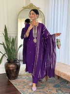 Sonakshi Women's Purple Viscose Chanderi Kurta Set with Dupatta - Distacart