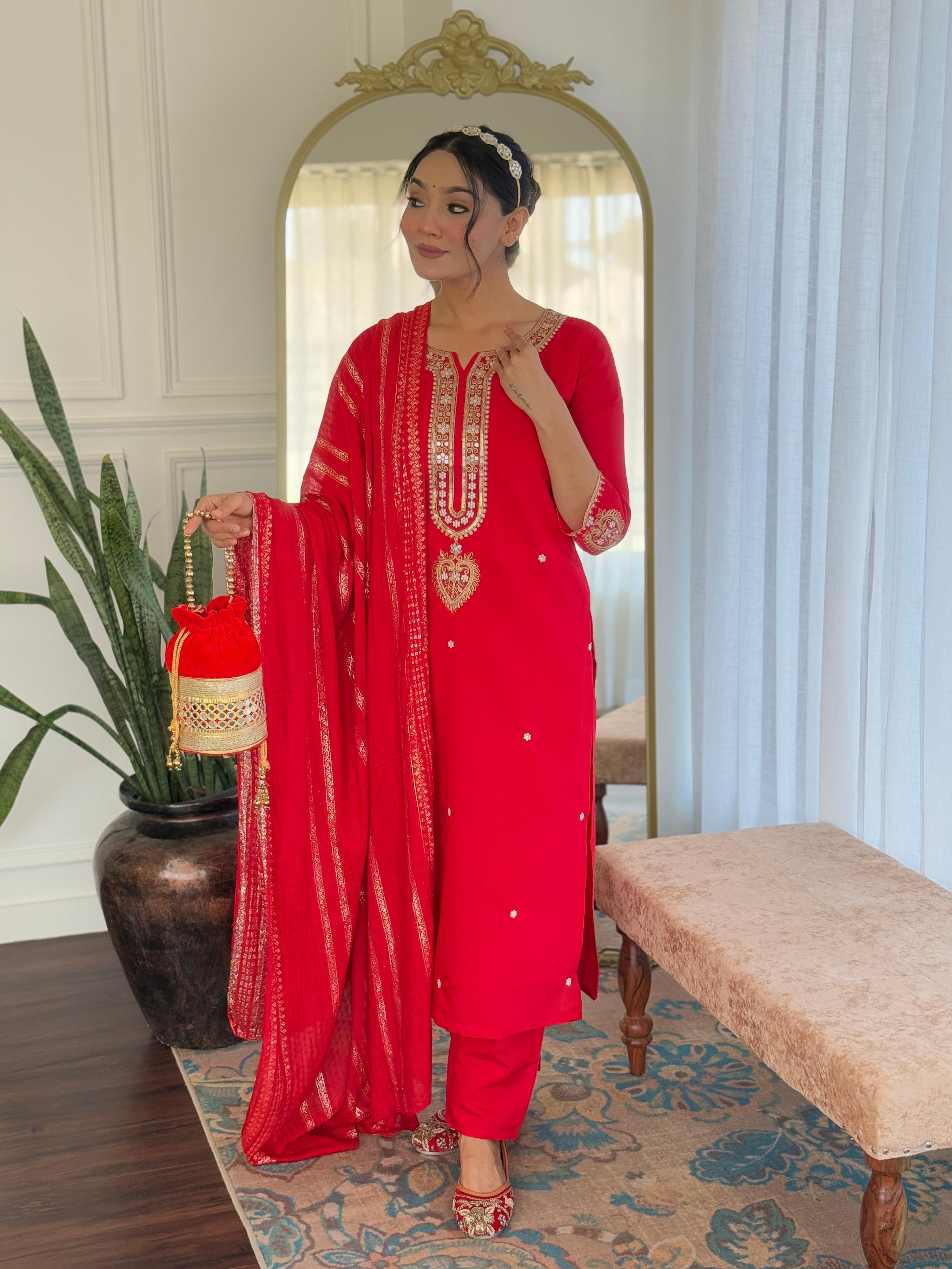 Sonakshi Women's Red Viscose Chanderi Kurta Set with Dupatta - Distacart