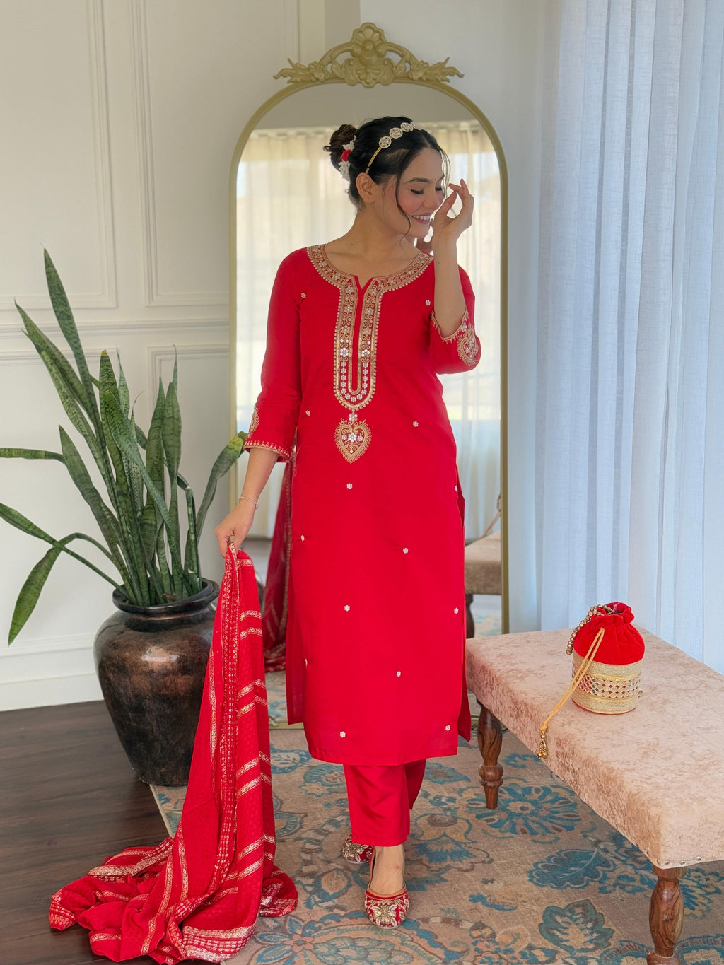Sonakshi Women's Red Viscose Chanderi Kurta Set with Dupatta - Distacart