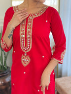 Sonakshi Women's Red Viscose Chanderi Kurta Set with Dupatta - Distacart