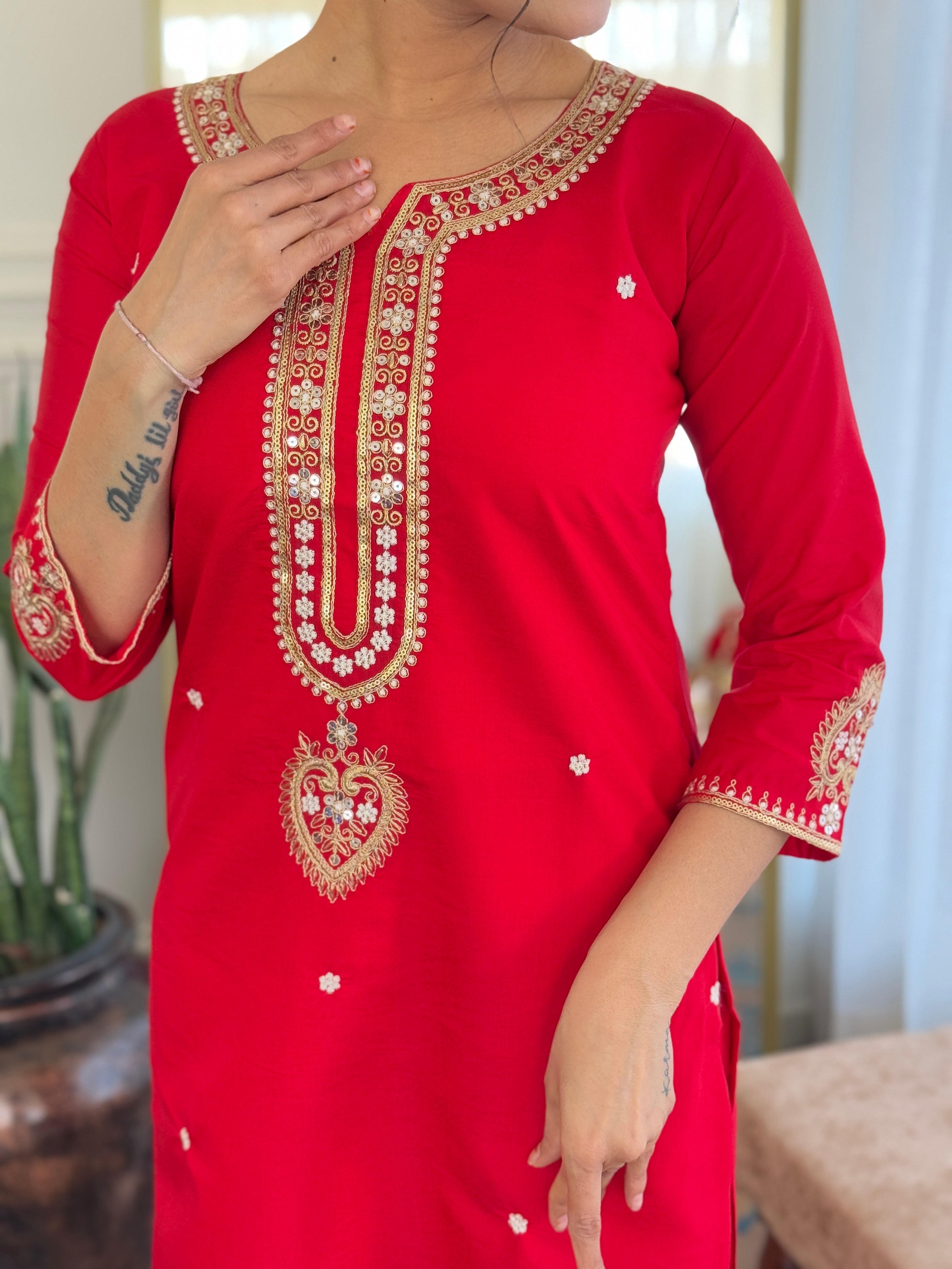 Sonakshi Women's Red Viscose Chanderi Kurta Set with Dupatta - Distacart
