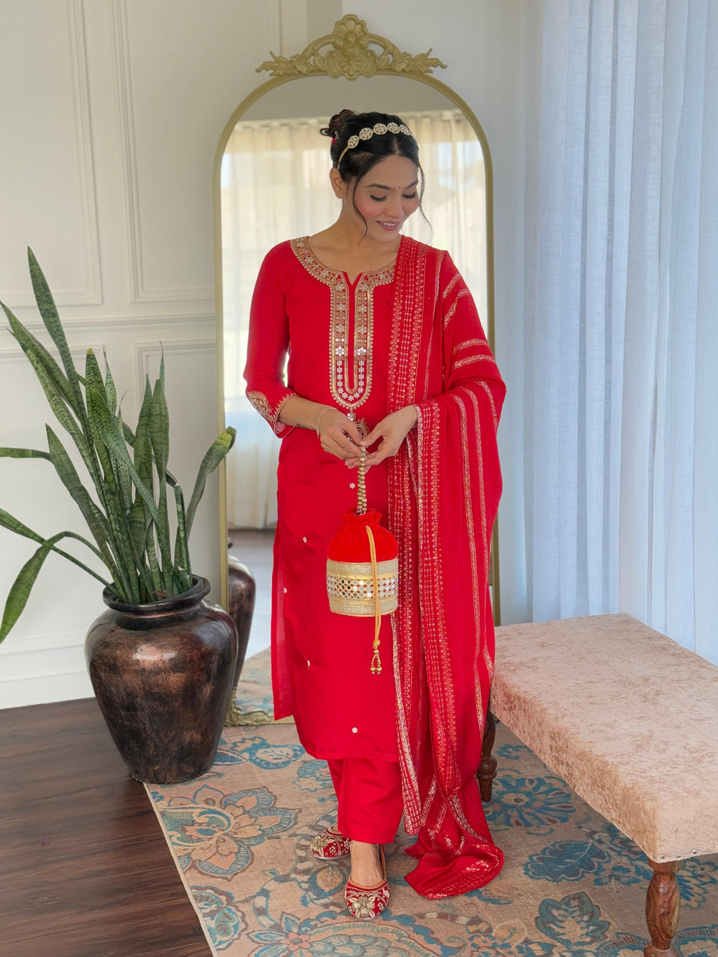 Sonakshi Women's Red Viscose Chanderi Kurta Set with Dupatta - Distacart