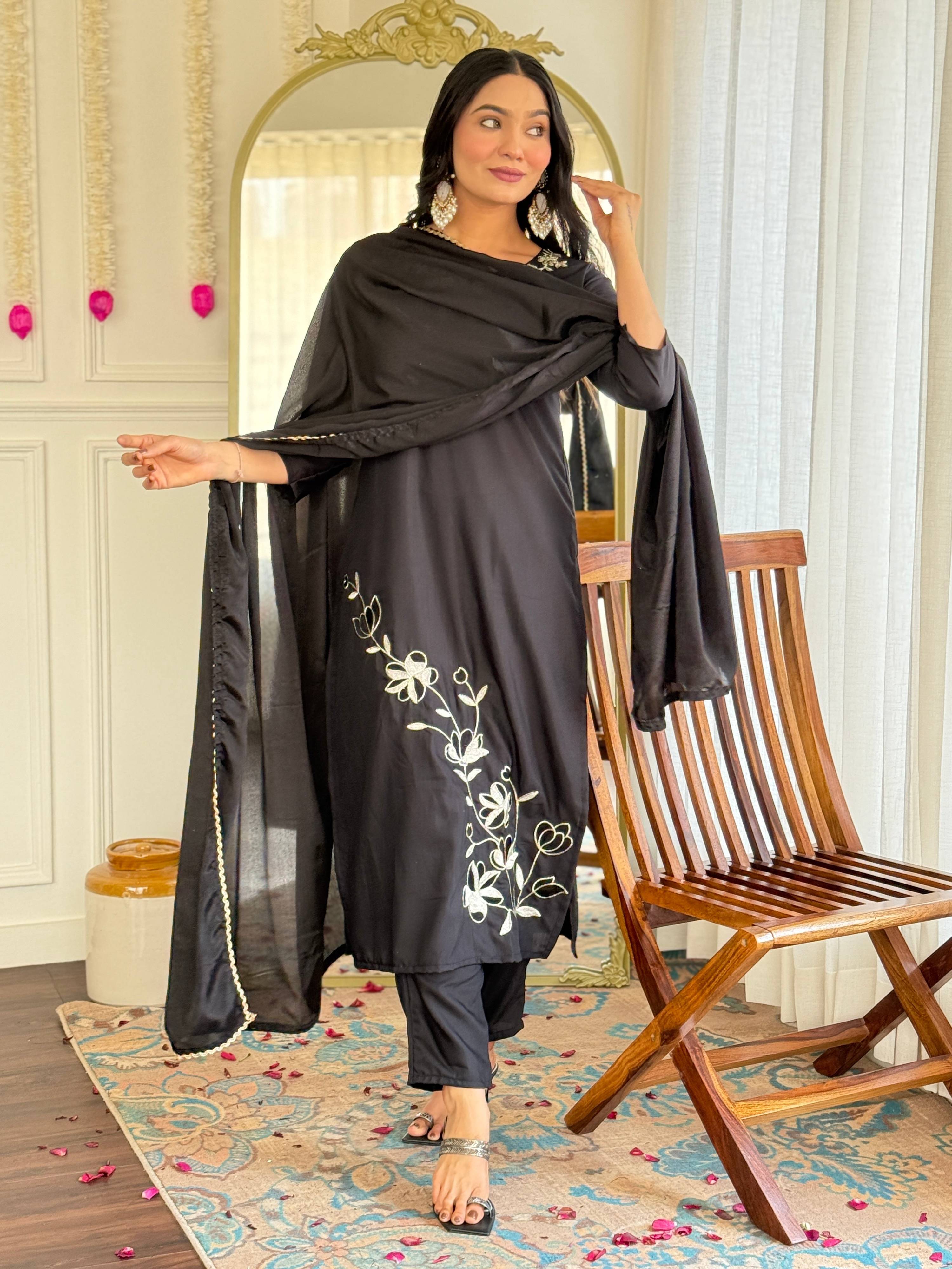 Sonakshi Women's Black Viscose Rayon Kurta Set with Dupatta - Distacart
