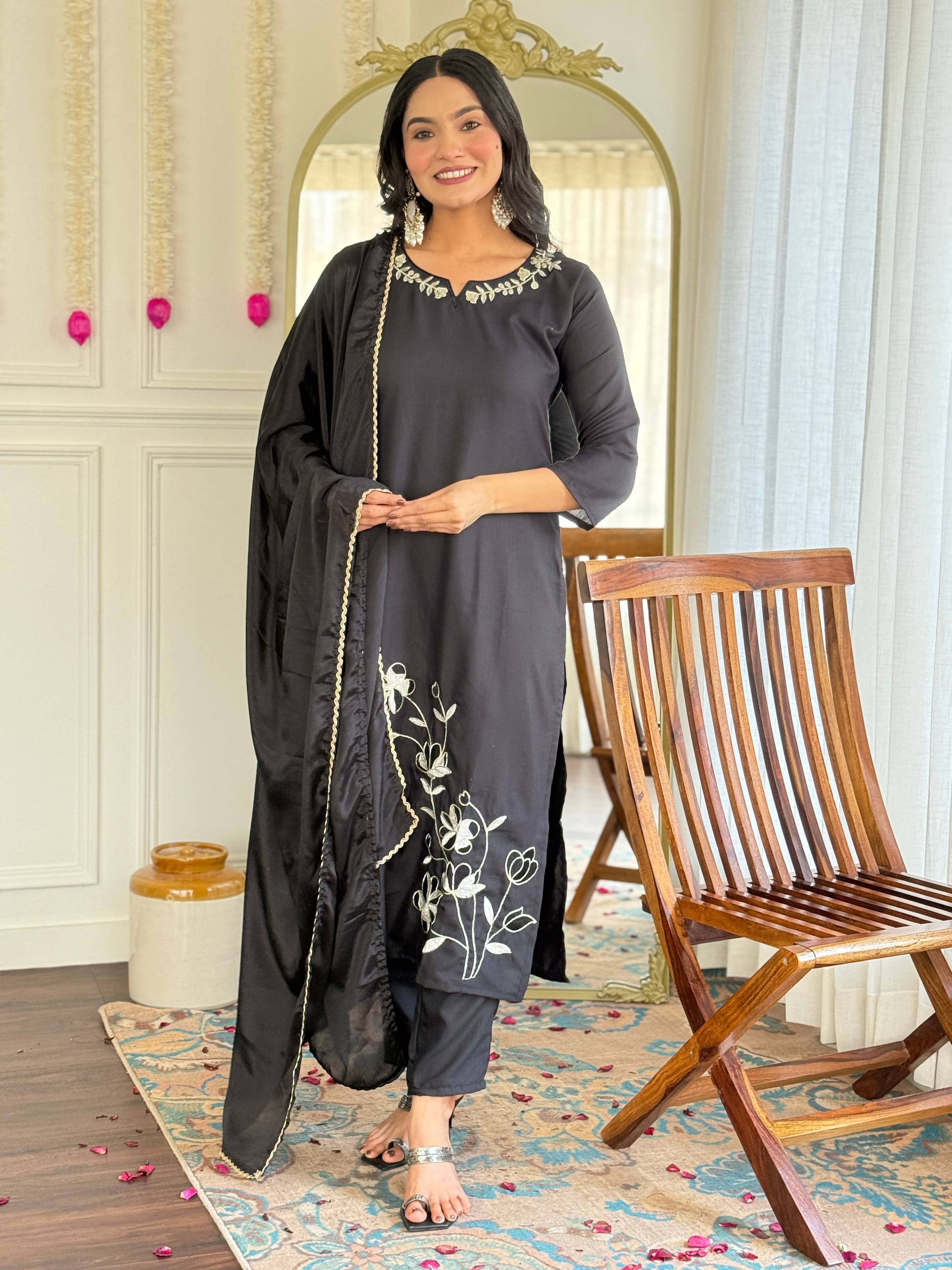 Sonakshi Women's Black Viscose Rayon Kurta Set with Dupatta - Distacart