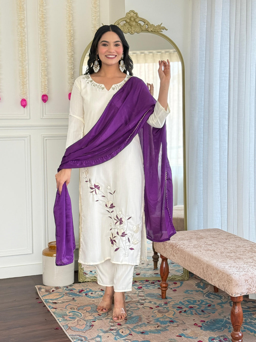Sonakshi Women's Off White Viscose Rayon Kurta Set with Dupatta - Distacart