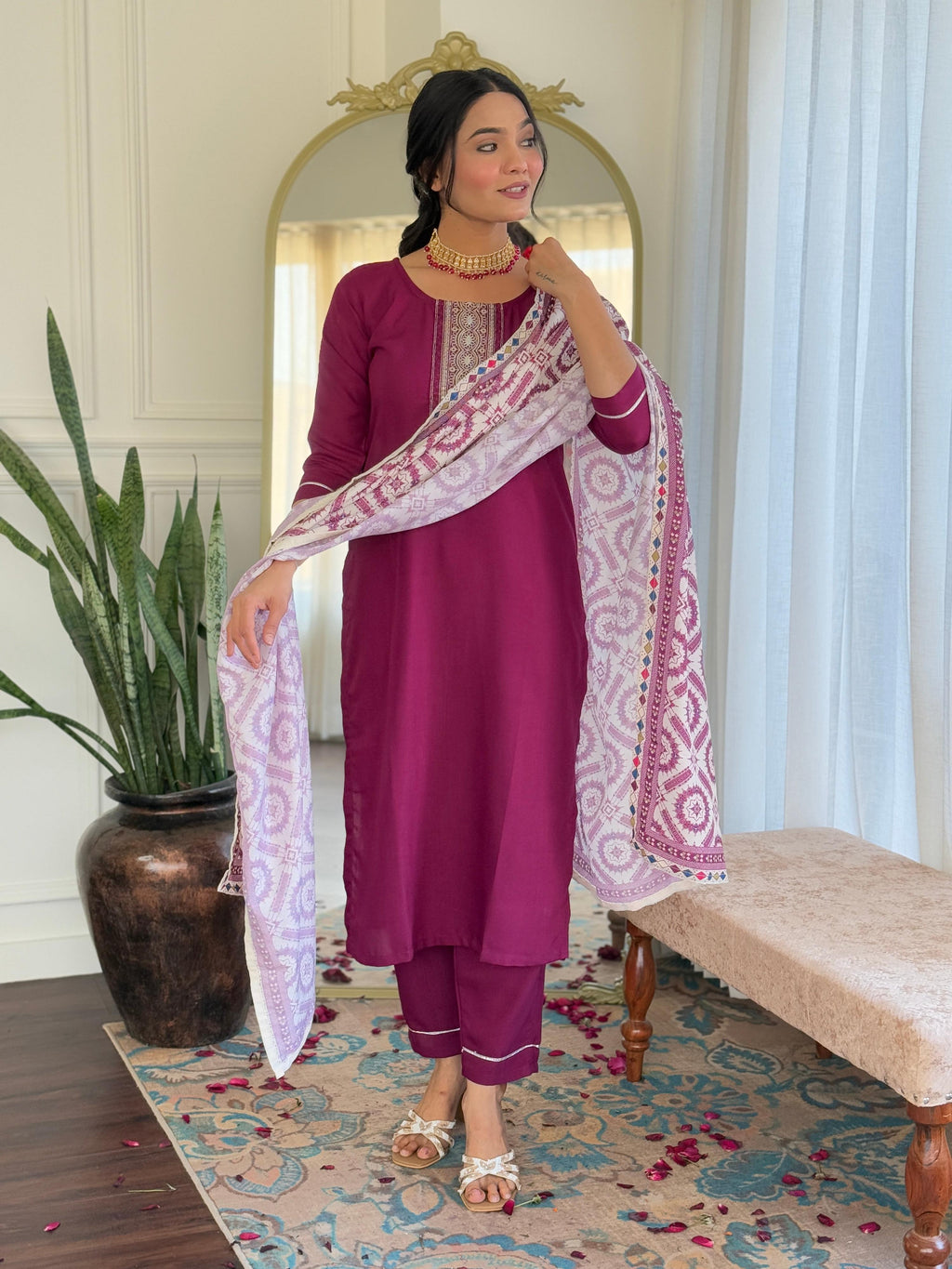 Sonakshi Women's Maroon Rayon Embroidered Kurta Set with Dupatta - Distacart
